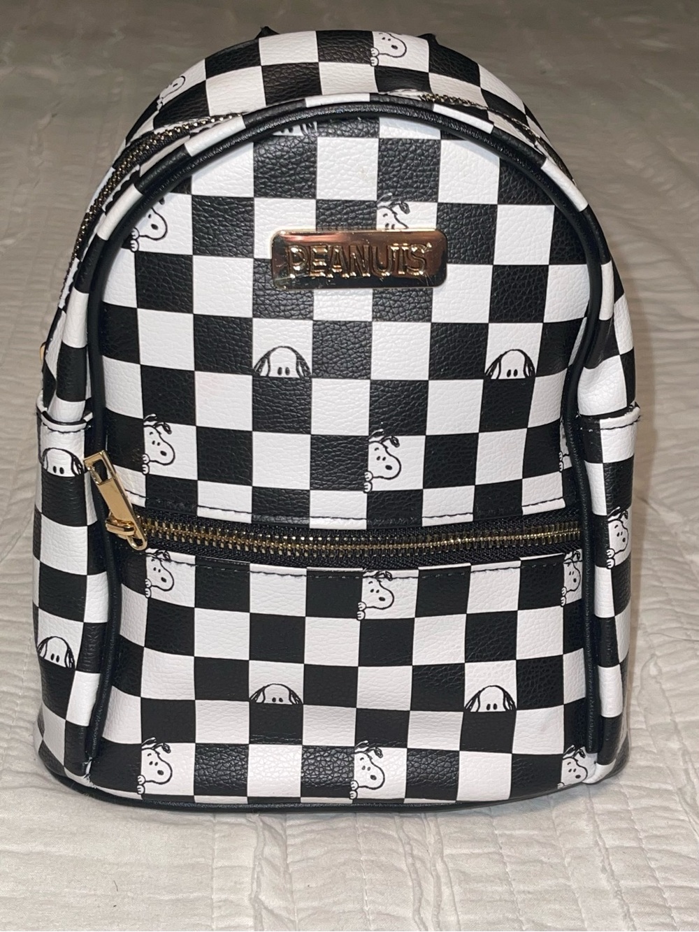 Peanuts Black & White Checkerboard Mini Backpack with Gold Accent - Picture 2 of 6